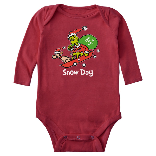 life is good Infant Grinch and Max Snow Day Long Sleeve Crusher Baby Bodysuit