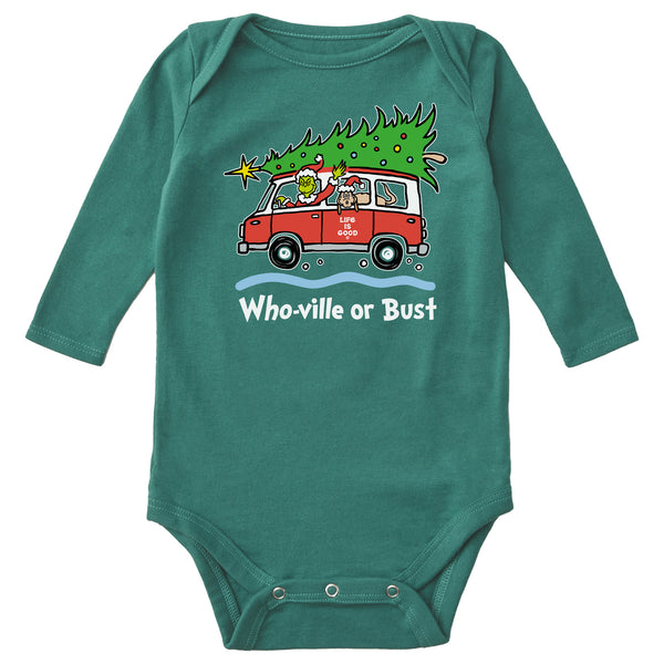 Life Is Good Infant Grinch And Max Who-Ville Or Bust Long Sleeve Crusher Baby Bodysuit