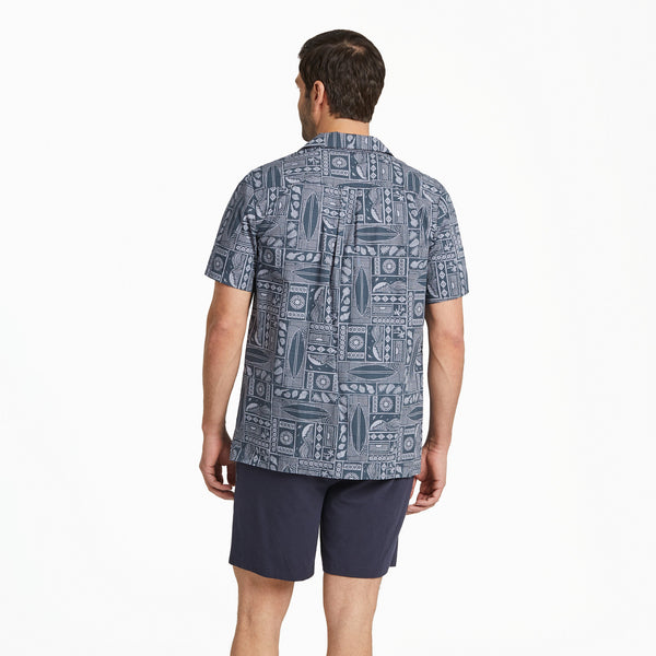 Life Is Good Men's Beach Woodblock Pattern Camp Shirt