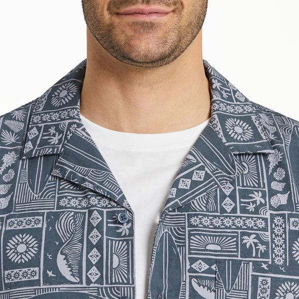 Life Is Good Men's Beach Woodblock Pattern Camp Shirt