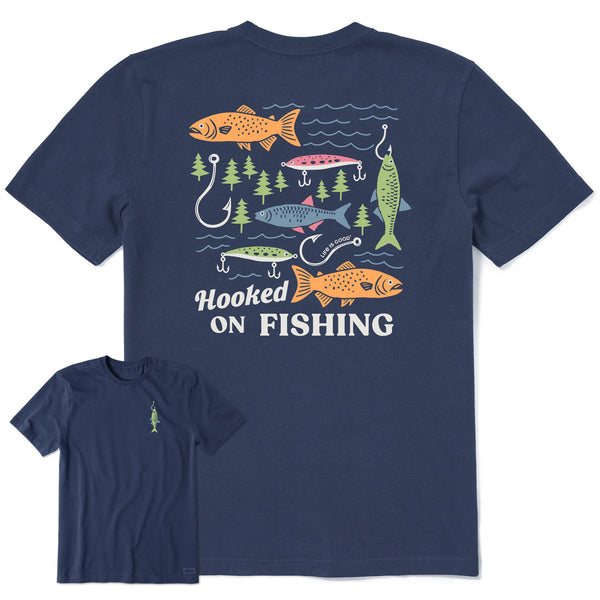 life is good Men's Hooked on Fishing Short Sleeve Crusher-LITE Slim Fit Tee