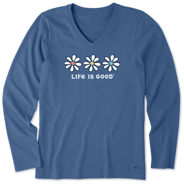 Life Is Good Women's 3 Daisies Long Sleeve Crusher Vee