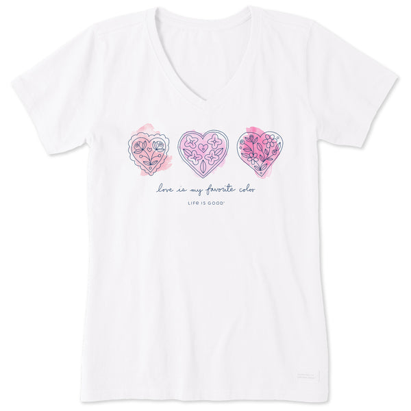 life is good Women's 3 Doodle Hearts Short Sleeve Vee