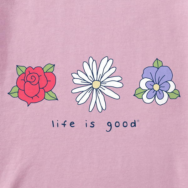 Life Is Good Women's 3 Flowers Rose Daisy Pansy Long Sleeve Crusher Tee