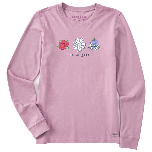 life is good Women's 3 Flowers Rose Daisy Pansy Long Sleeve Crusher Tee