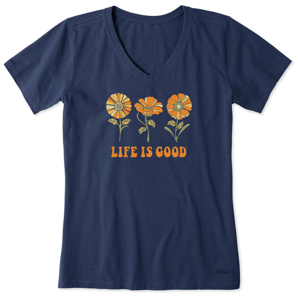 life is good Women's 3 Flowers Short Sleeve Crusher Vee