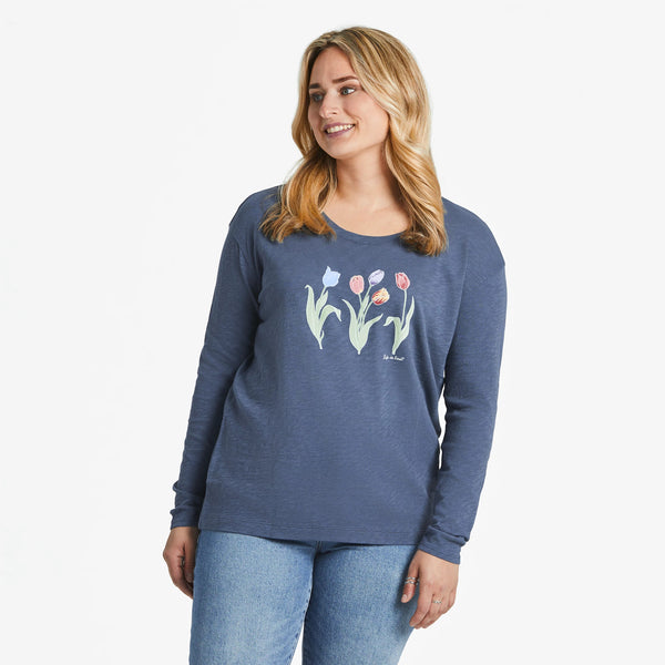 life is good Women's 3 Genuine Tulips Relaxed Fit Long Sleeve Slub Tee