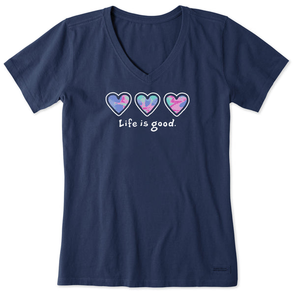 life is good Women's 3 Hearts Tie Dye Short Sleeve Vee