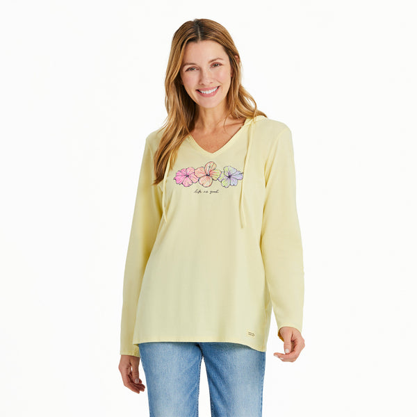 life is good Women's 3 Hibiscuses Long Sleeve Crusher-LITE Hooded Tee