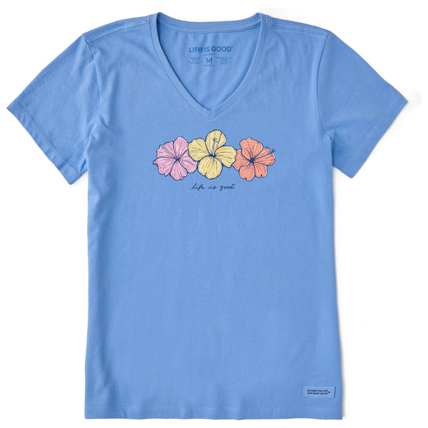 life is good Women's 3 Hibiscuses Short Sleeve Crusher Vee