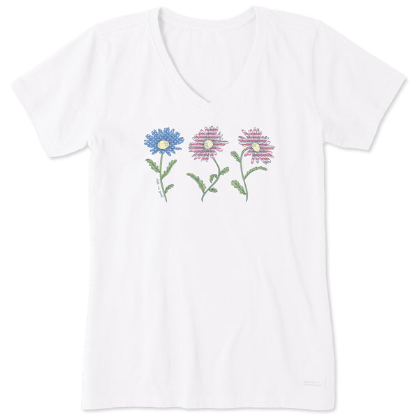 Life Is Good Women's 3 Water Flag Daisies Short Sleeve Vee
