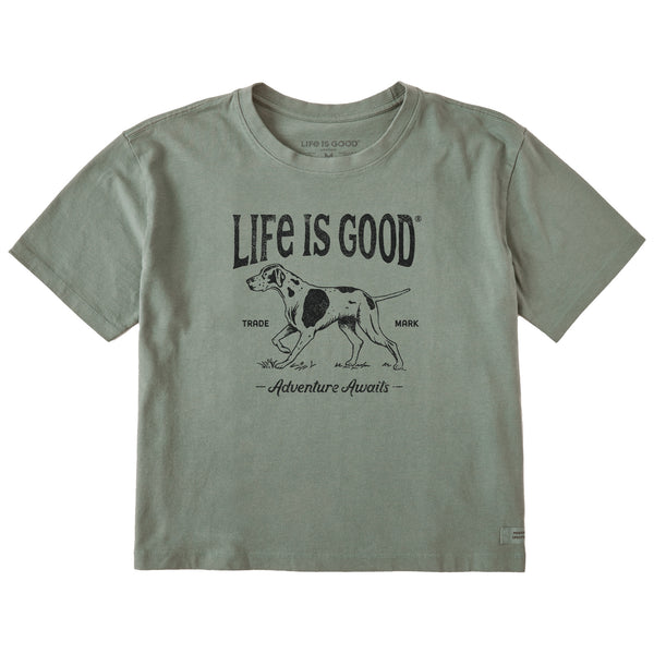 life is good Women's Adventure Awaits Hunting Dog Short Sleeve Crusher Boxy Tee