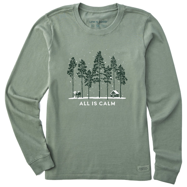 life is good Women's All is Calm Moose Cabin Long Sleeve Crusher Tee
