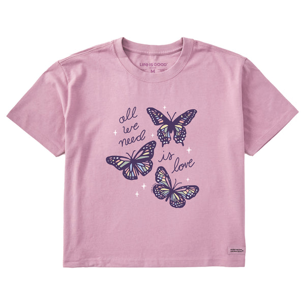 life is good Women's All We Need is Love Butterflies Short Sleeve Crusher Boxy Tee