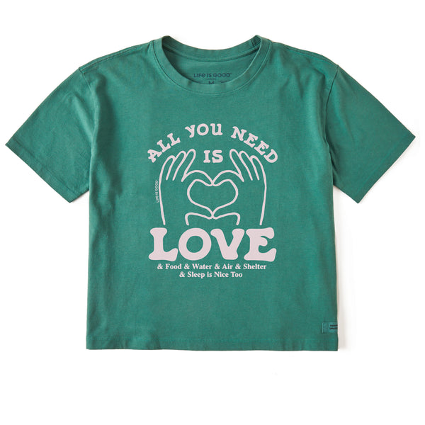 Life Is Good Women's All You Need Is Love U0026 Essentials Short Sleeve Crusher Boxy Tee