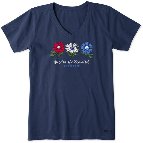 life is good Women's America the Beautiful Daisies Short Sleeve Vee