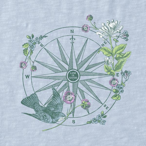 Life Is Good Women's Antique Compass Bird And Flowers Long Sleeve Slub Easy Fit Tee