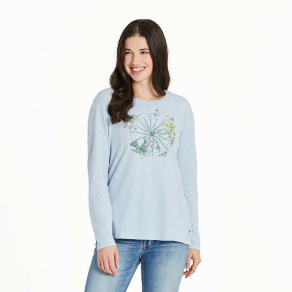 life is good Women's Antique Compass Bird and Flowers Long Sleeve Slub Easy Fit Tee