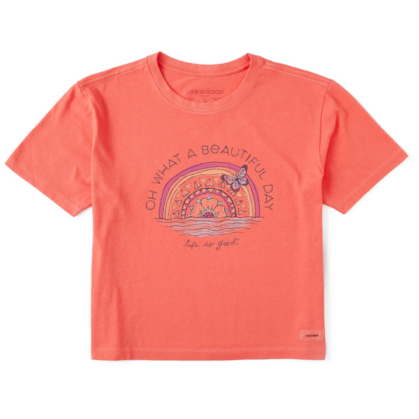 Life Is Good Women's Beautiful Day Butterfly Rainbow Short Sleeve Crusher Boxy Tee