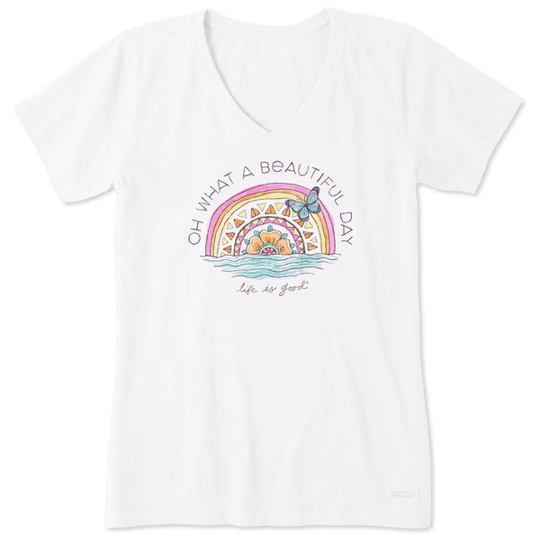 Life Is Good Women's Beautiful Day Butterfly Rainbow Short Sleeve Vee