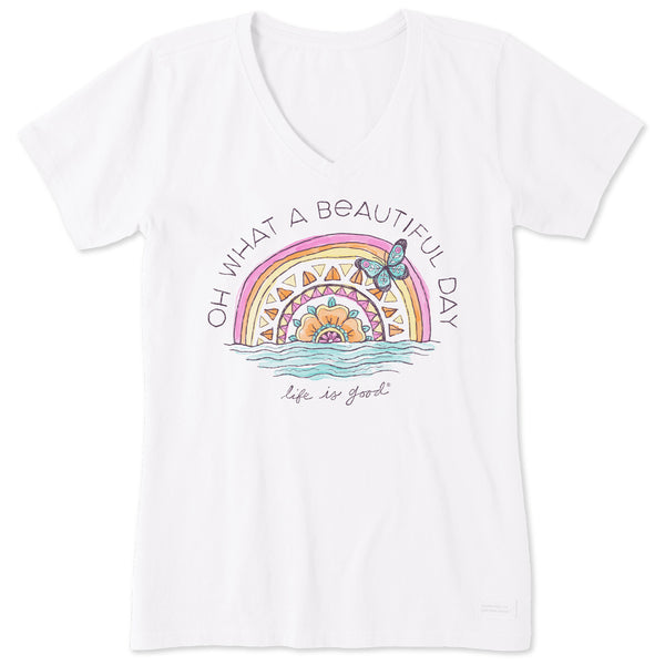 life is good Women's Beautiful Day Butterfly Rainbow Short Sleeve Vee