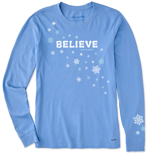 life is good Women's Believe Falling Snowflakes Long Sleeve Crusher Tee