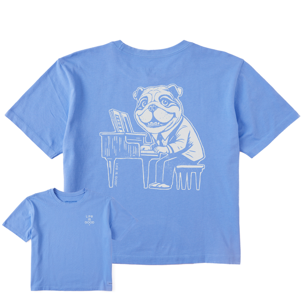 Life Is Good Women's Bert's Bulldog With Piano Short Sleeve Crusher Boxy Tee