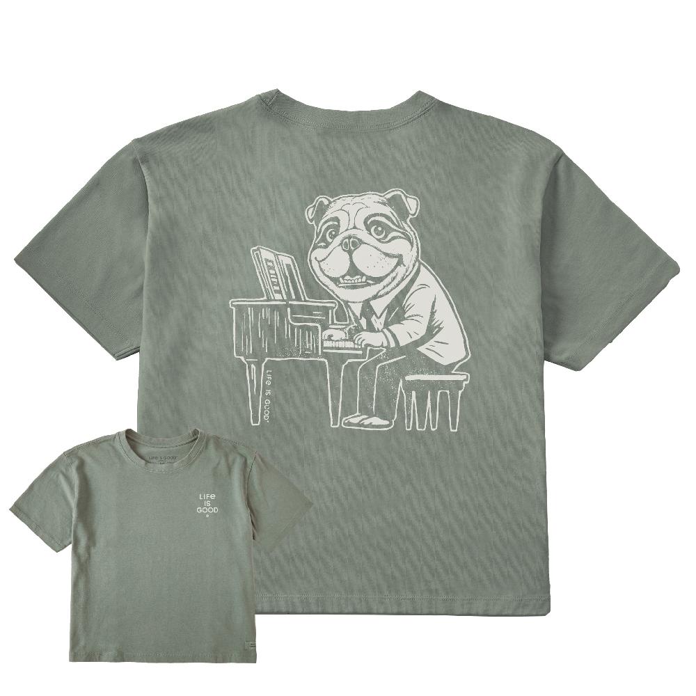 life is good Women's Bert's Bulldog with Piano Short Sleeve Crusher Boxy Tee