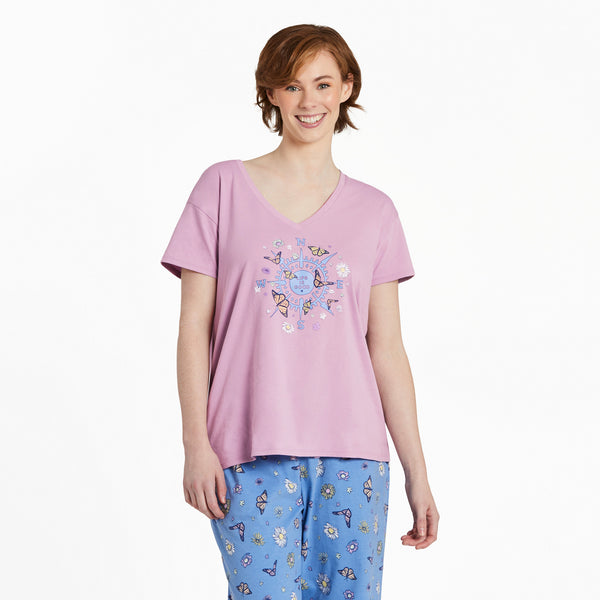 life is good Women's Butterfly and Floral Compass Snuggle Up Relaxed Sleep Vee