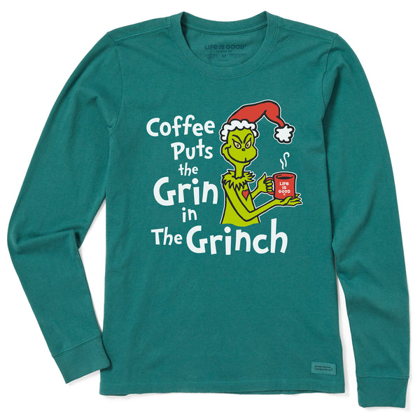 life is good Women's Coffee puts Grin in Grinch Long Sleeve Crusher Tee
