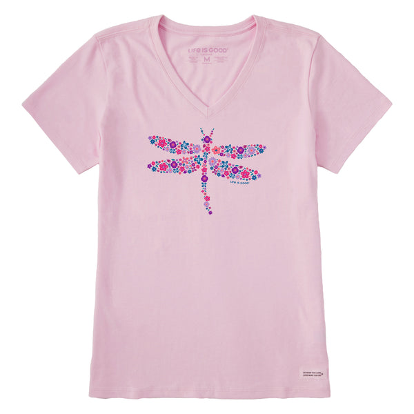 Life Is Good Women's Dragonfly Flowers Short Sleeve Vee