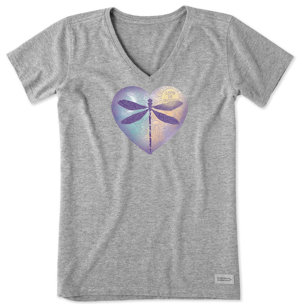 life is good Women's Dragonfly Heart Short Sleeve Vee