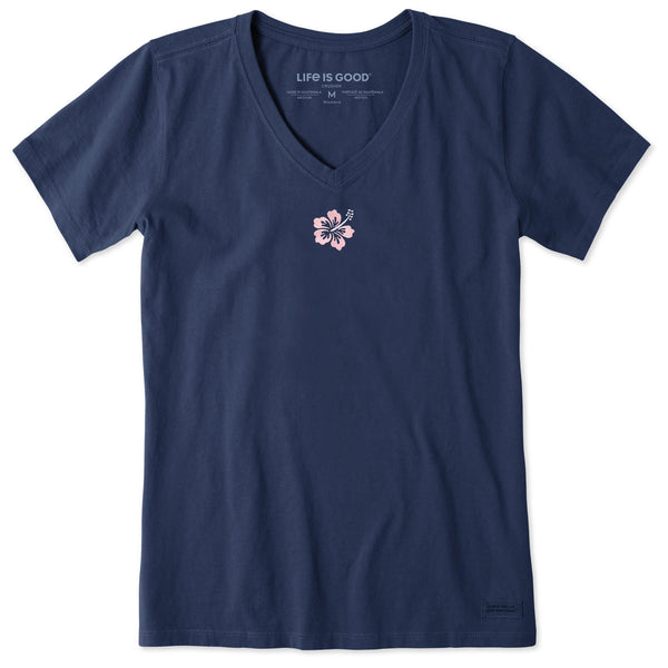 life is good Women's Embroidered Hibiscus Short Sleeve Crusher Vee