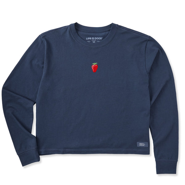 life is good Women's Embroidered Strawberry Long Sleeve Crusher Boxy Tee