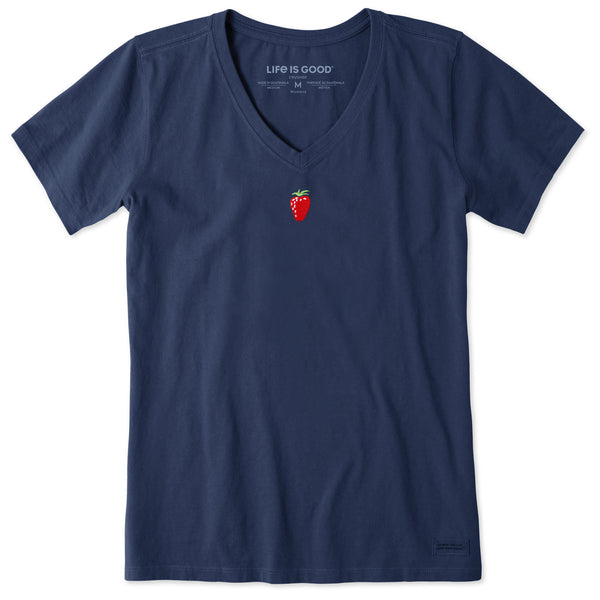 life is good Women's Embroidered Strawberry Short Sleeve Crusher Vee