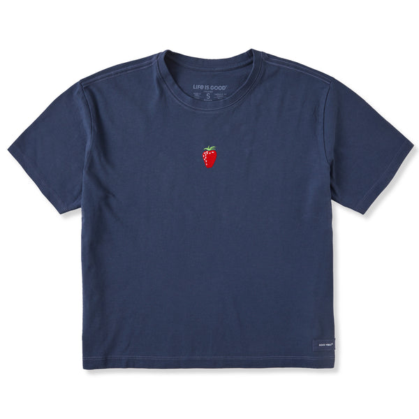 life is good Women's Embroidered Strawberry Short Sleeve Crusher Boxy Tee