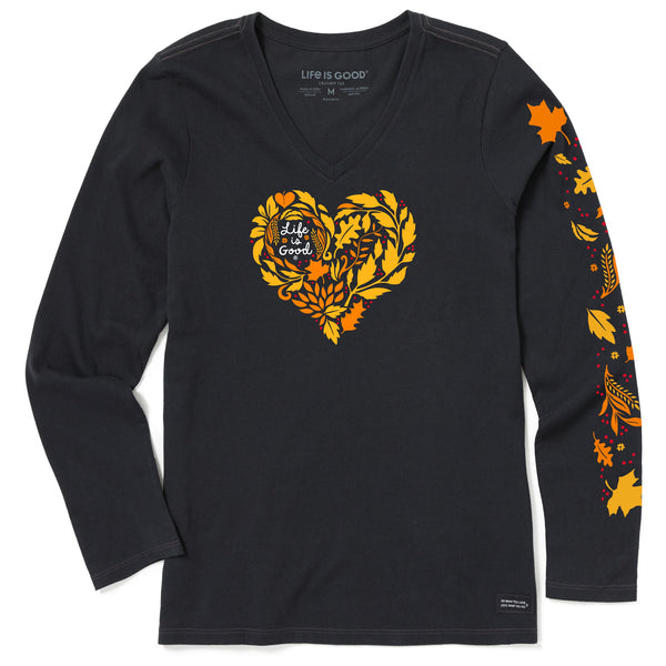 life is good Women's Fall Leafy Heart Long Sleeve Crusher Vee