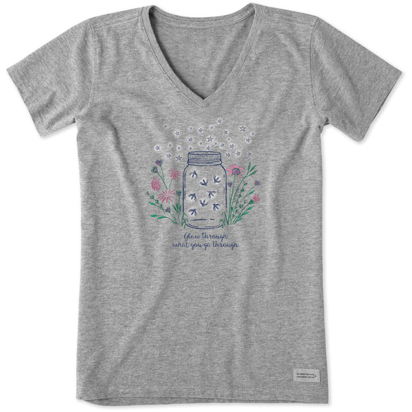 Life Is Good Women's Fireflies Flowers Jar Short Sleeve Vee