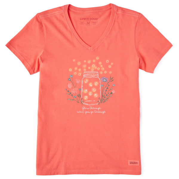 life is good Women's Fireflies Flowers Jar Short Sleeve Vee