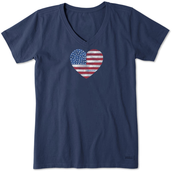 Life Is Good Women's Flag Heart Short Sleeve Crusher Vee