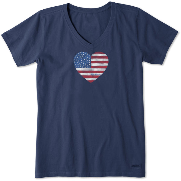 life is good Women's Flag Heart Short Sleeve Crusher Vee