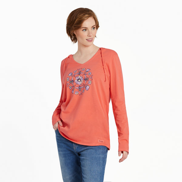 Life Is Good Women's Floral Bee Mandala Long Sleeve Crusher-LITE Hooded Tee