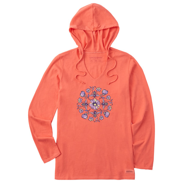 life is good Women's Floral Bee Mandala Long Sleeve Crusher-LITE Hooded Tee