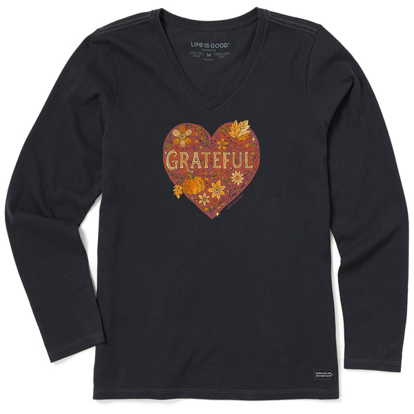 life is good Women's Grateful Heart Doodle Watercolor Long Sleeve Crusher Vee
