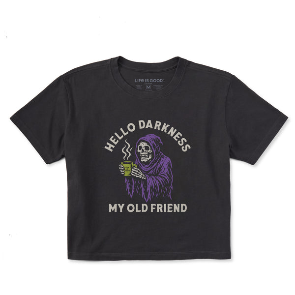 life is good Women's Hello Darkness Reaper Short Sleeve Crusher Boxy Tee