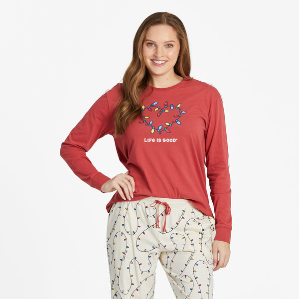 life is good Women's Holiday Lights Heart Long Sleeve Snuggle Up Relaxed Sleep Tee