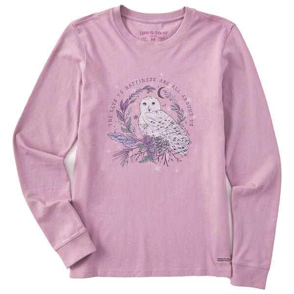Life Is Good Women's Key To Happiness Snowy Owl Long Sleeve Crusher Tee