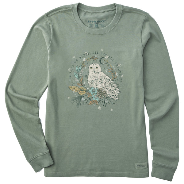 life is good Women's Key to Happiness Snowy Owl Long Sleeve Crusher Tee
