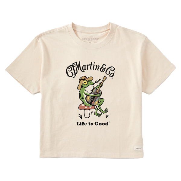 life is good Women's Martin u0026 Co. Frog Guitar Short Sleeve Crusher Boxy Tee