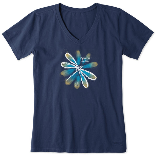 Life Is Good Women's Nature Heals Dragonfly Short Sleeve Vee